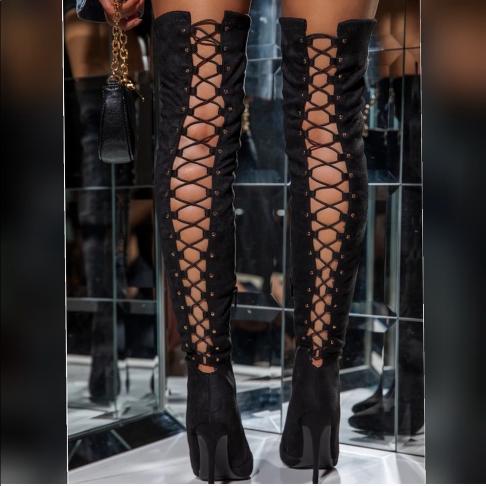 Stretchy Over the Knee Lace Up Boots in Black - Picture 6 of 16